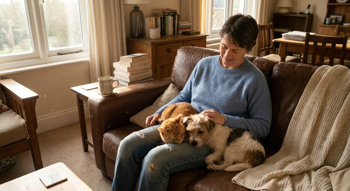 A person sits on a sofa with a cat and dog napping together in their lap in a sunlit living room.