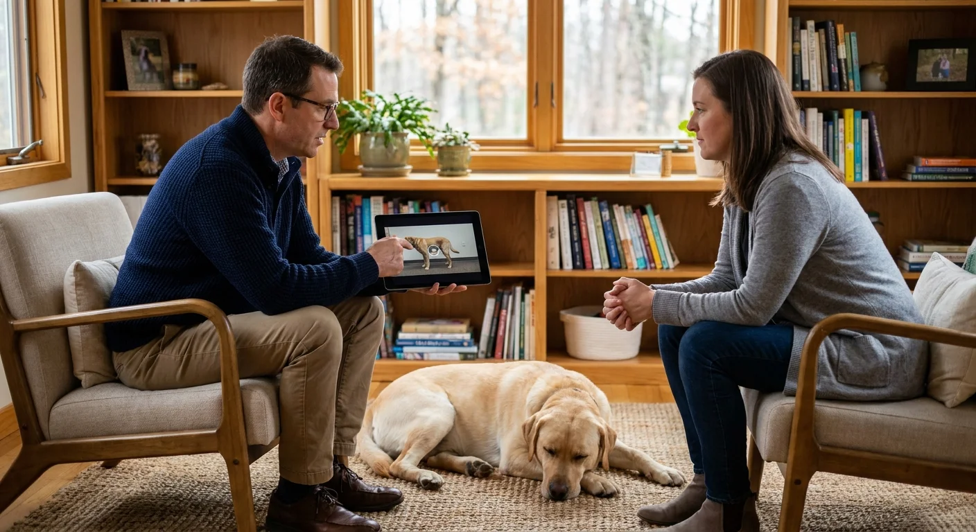 A photograph of a pet behaviorist and an owner discussing an animal's needs in a comfortable home setting.