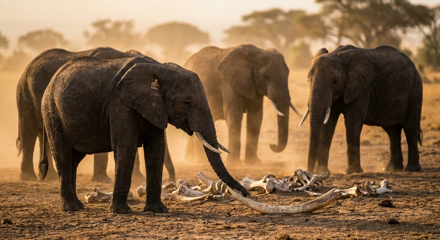 A photograph of an elephant gently touching the bones of a deceased herd member with its trunk in the Kenyan savanna.