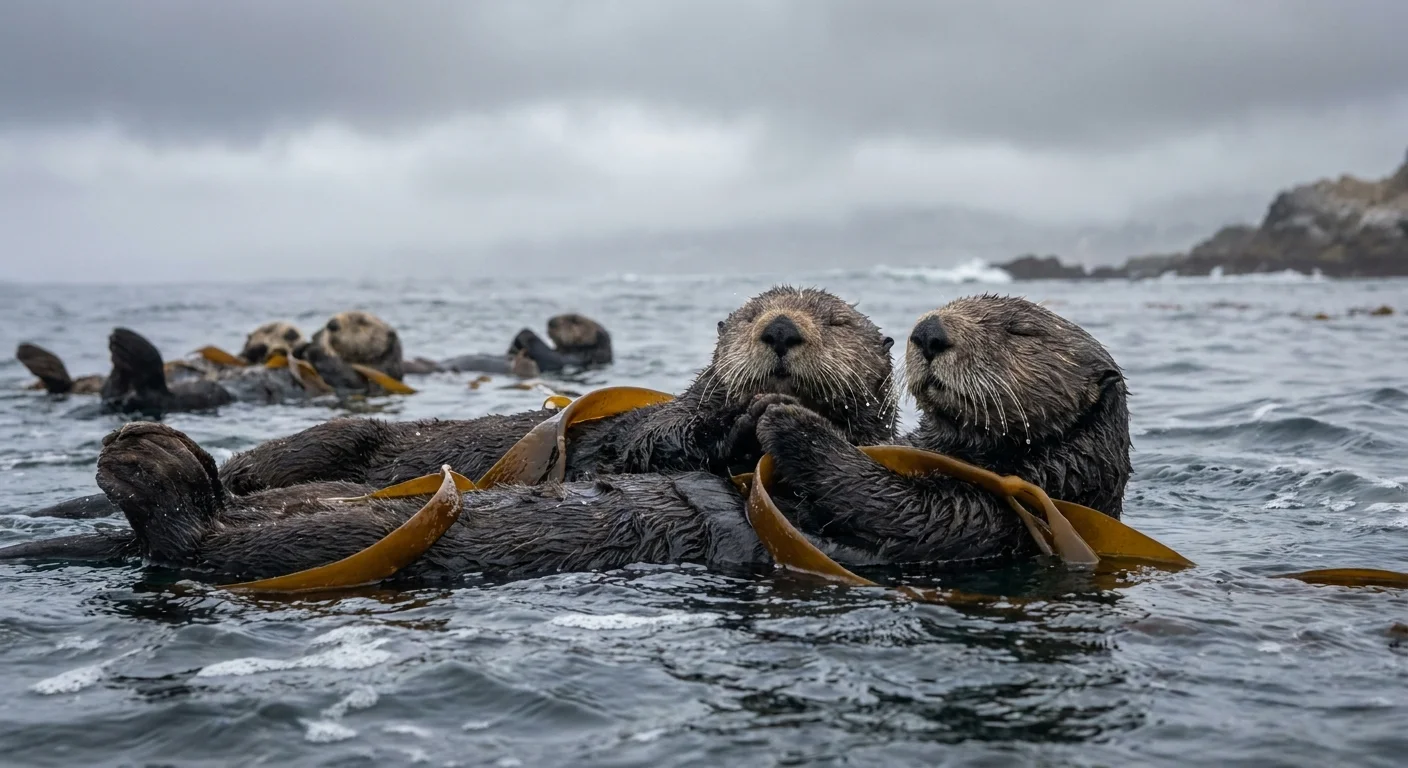 A photograph of two sea otters floating in kelp, holding paws while they sleep to stay together in the current.