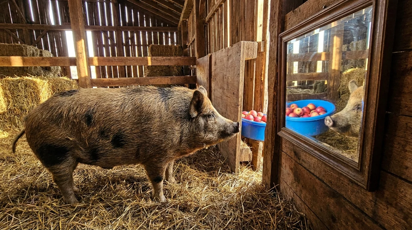 A pig using a mirror to find a hidden bowl of food located behind it.