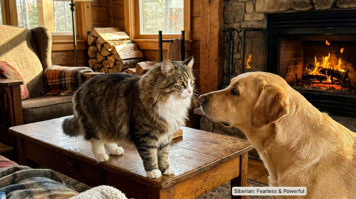 A powerful Siberian cat standing on a table looking calmly at a Labrador dog.