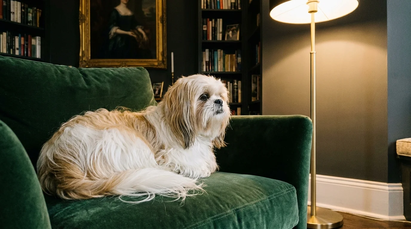 A regal white and gold Shih Tzu rests on a green velvet armchair in a luxury home setting.