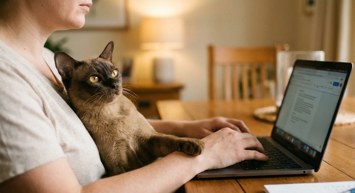 A sable Burmese cat sitting on a person's lap and leaning against them, demonstrating its 'velcro cat' reputation.