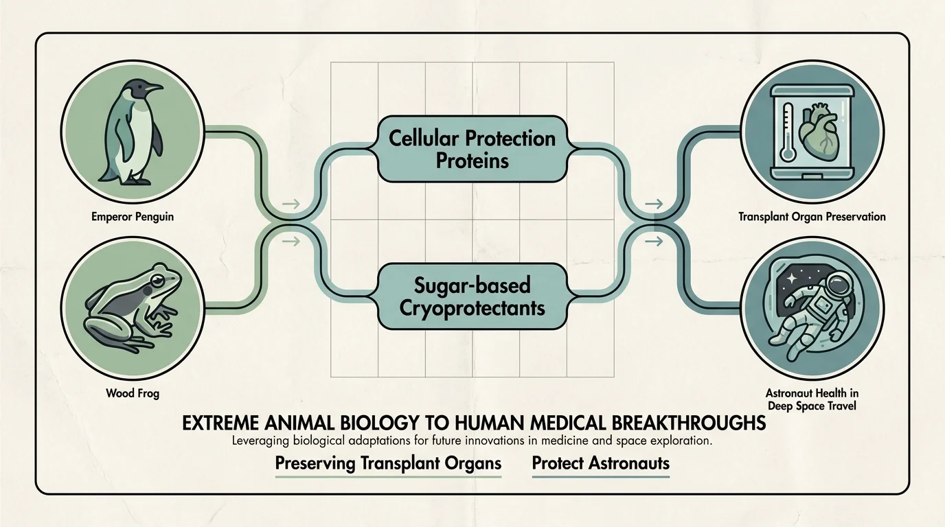 A scientific diagram showing how animal survival traits like cellular protection proteins lead to medical advancements for humans.