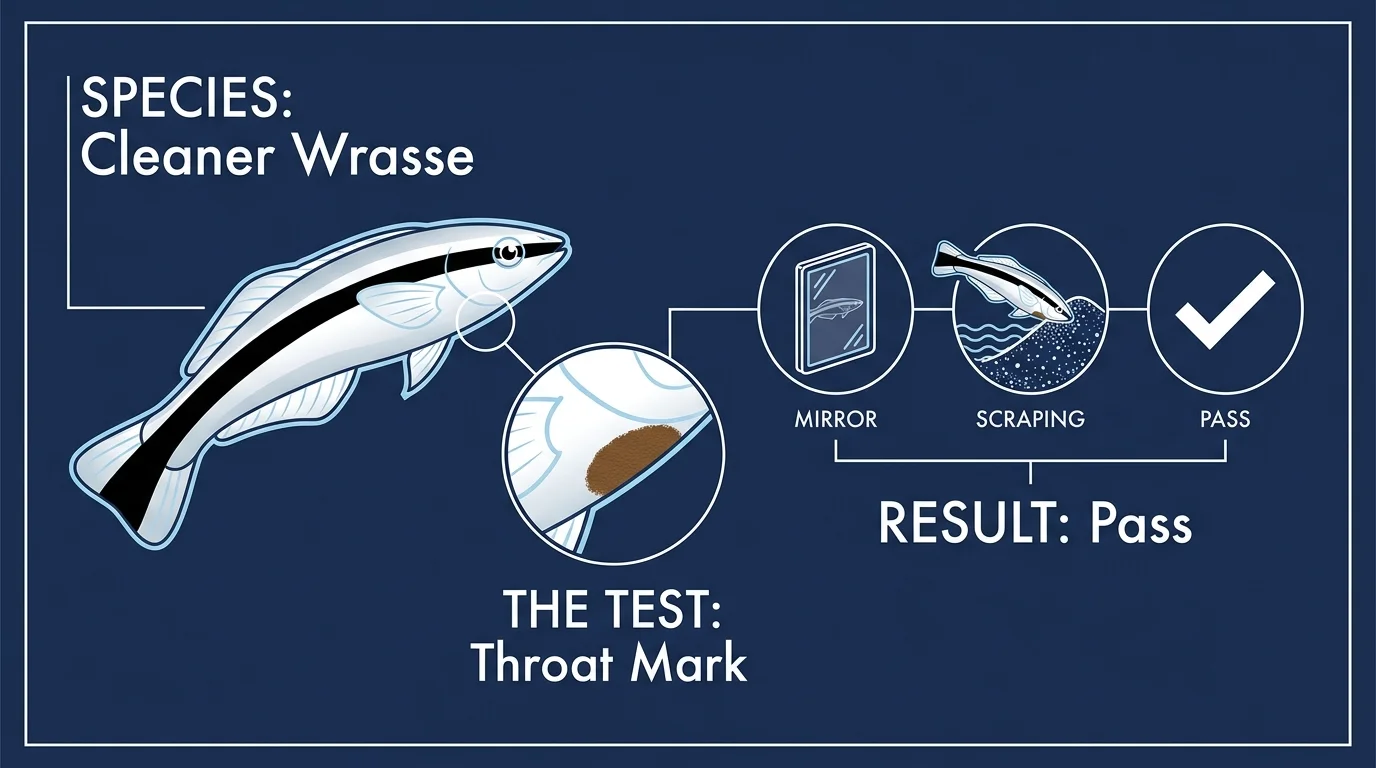 A scientific infographic showing a cleaner wrasse fish and the brown mark test it passed.