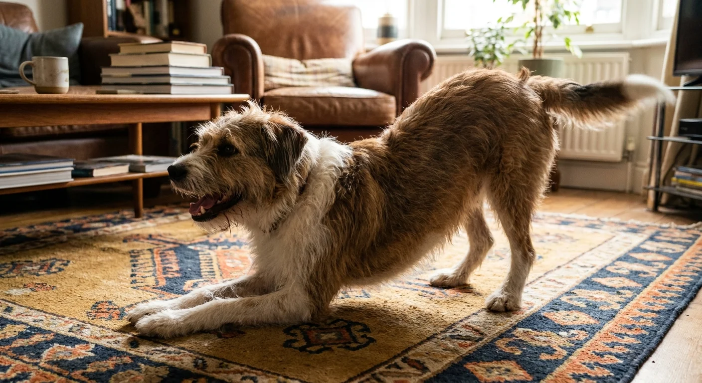 A scruffy dog in a 'play bow' position on a living room rug, inviting a game with a happy panting expression.