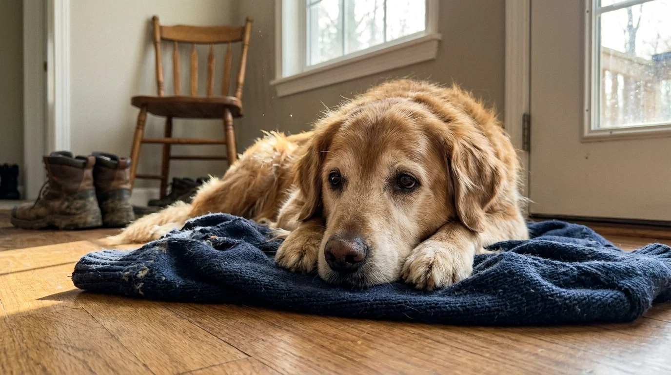 A senior dog lies sadly on an old sweater on a wooden floor, appearing to wait for a loved one who has passed.