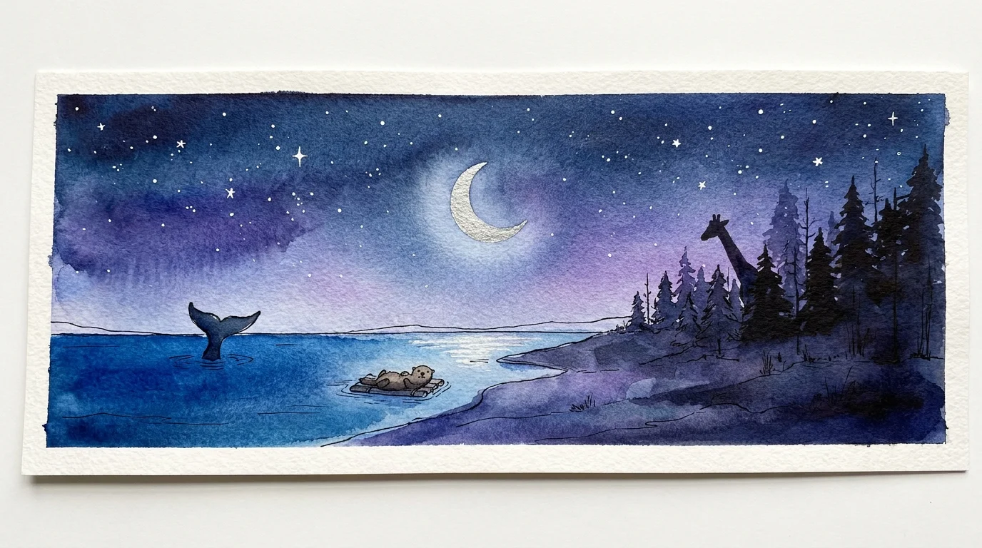 A serene night landscape in watercolor showing the silhouettes of various animals sleeping under a starry sky.