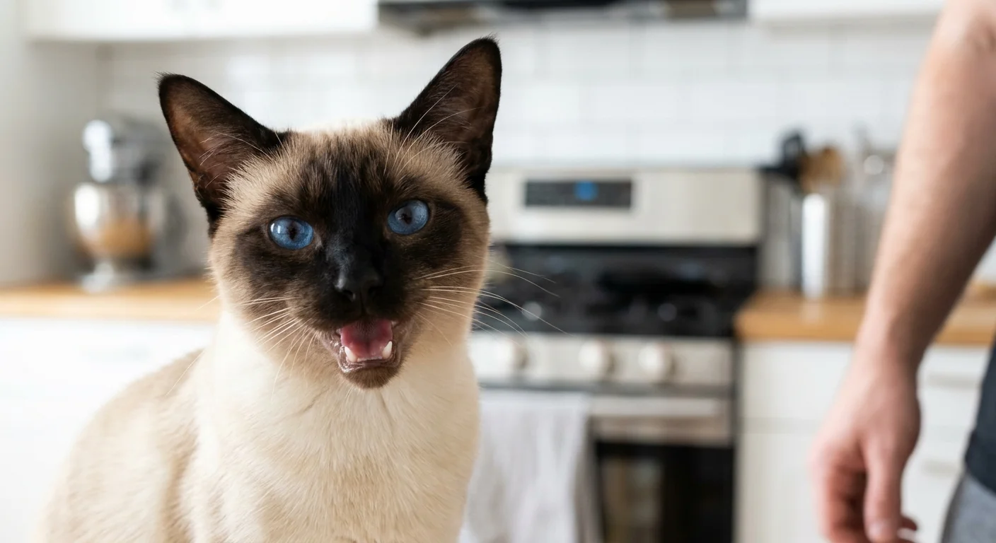A Siamese cat looking up and meowing as if talking to its owner, showing its famous vocal and social nature.