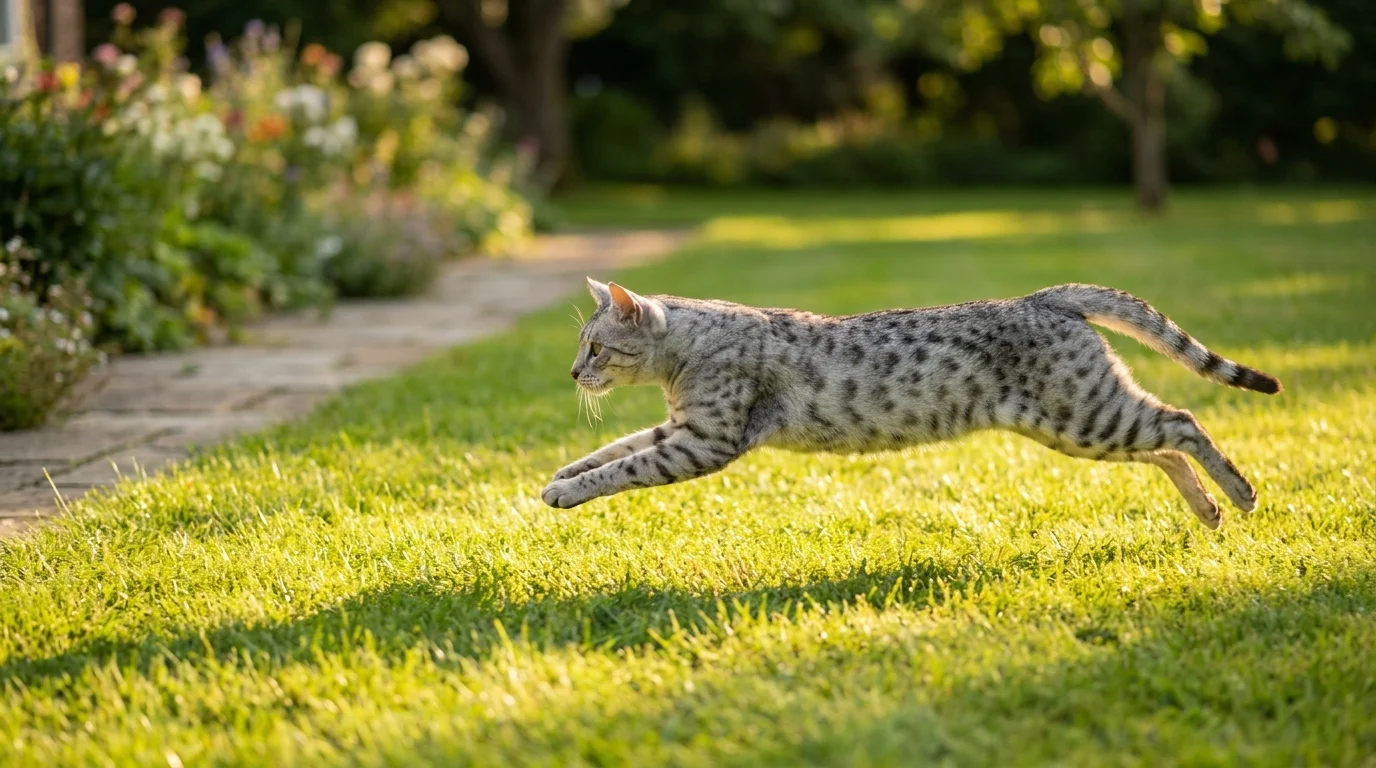 A silver-spotted Egyptian Mau cat sprinting across a green lawn at high speed during golden hour.