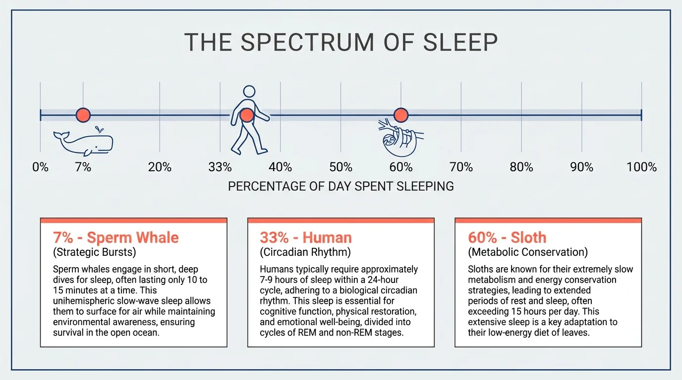 A sleep duration infographic comparing sperm whales at 7%, humans at 33%, and sloths at 60%.
