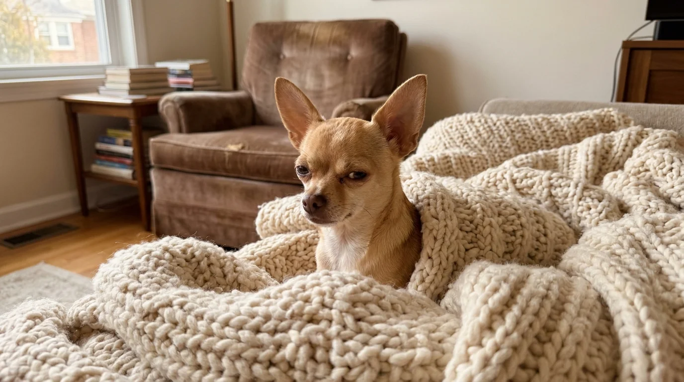 A small tan Chihuahua peeks out from a pile of warm blankets in a cozy living room setting.