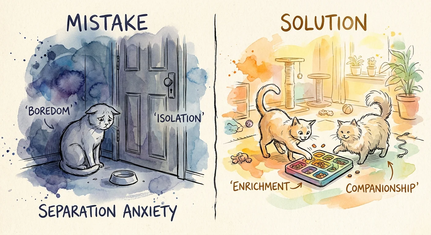 A split illustration showing a lonely cat in a dark room versus a happy cat with toys and a friend.