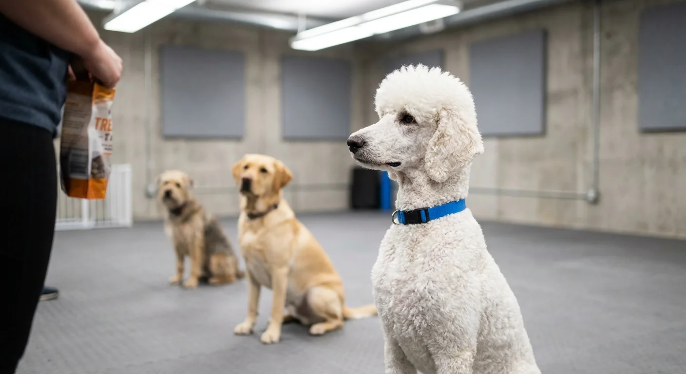 A Standard Poodle sitting attentively during a group training class with other dogs visible in the background.