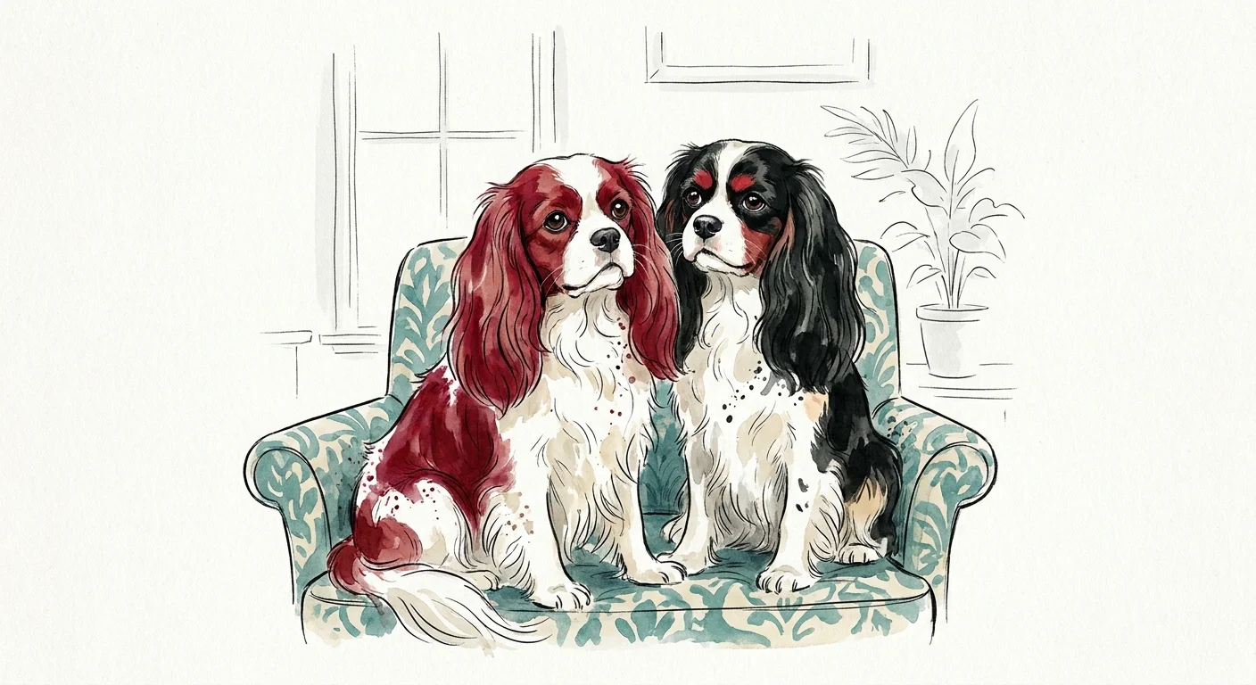 A stylish ink and gouache illustration of two Cavalier King Charles Spaniels sharing a large, comfy armchair.