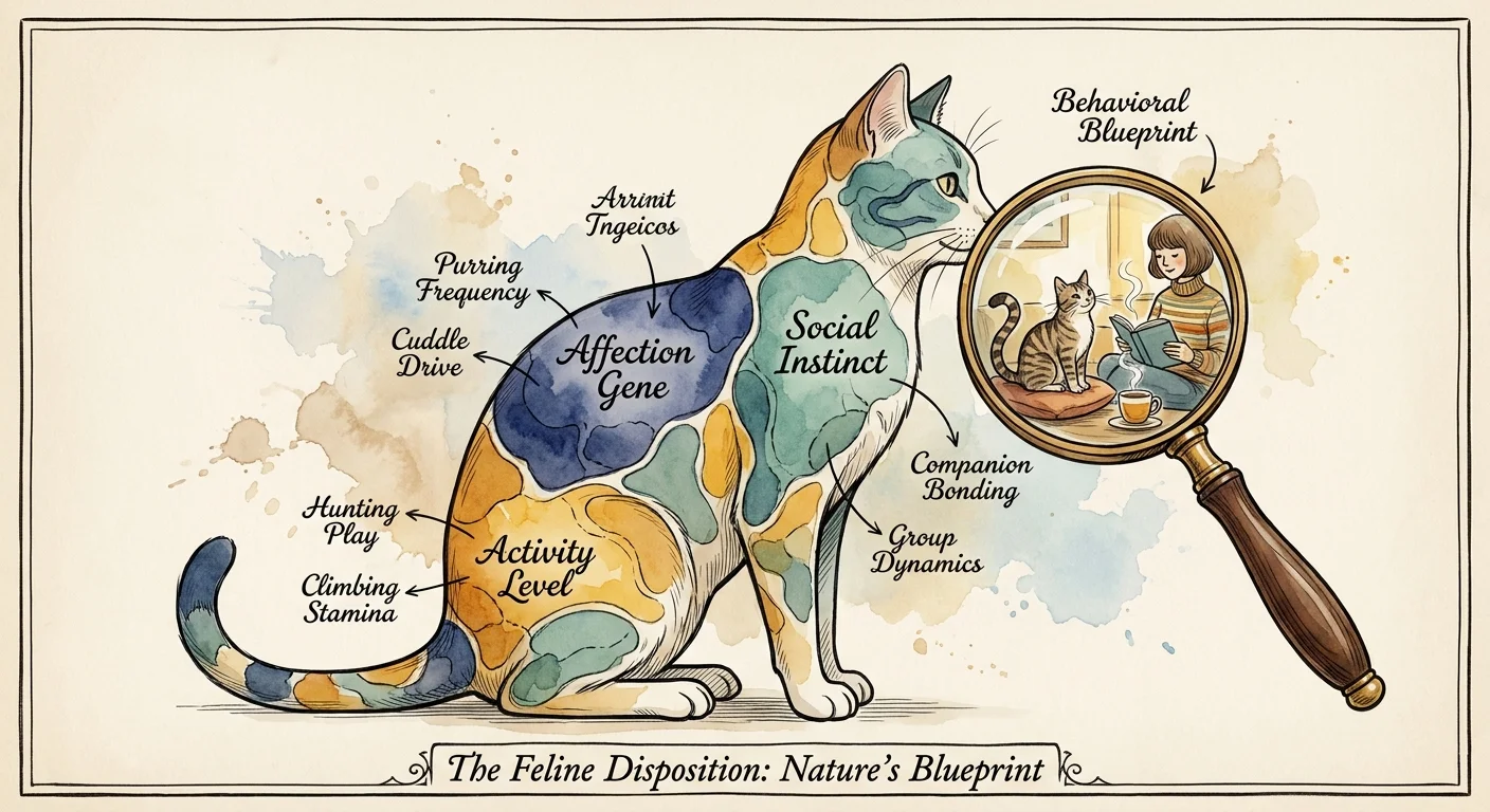 A stylized illustration of a cat silhouette containing labels for different personality traits like 'Affection' and 'Social Instinct'.