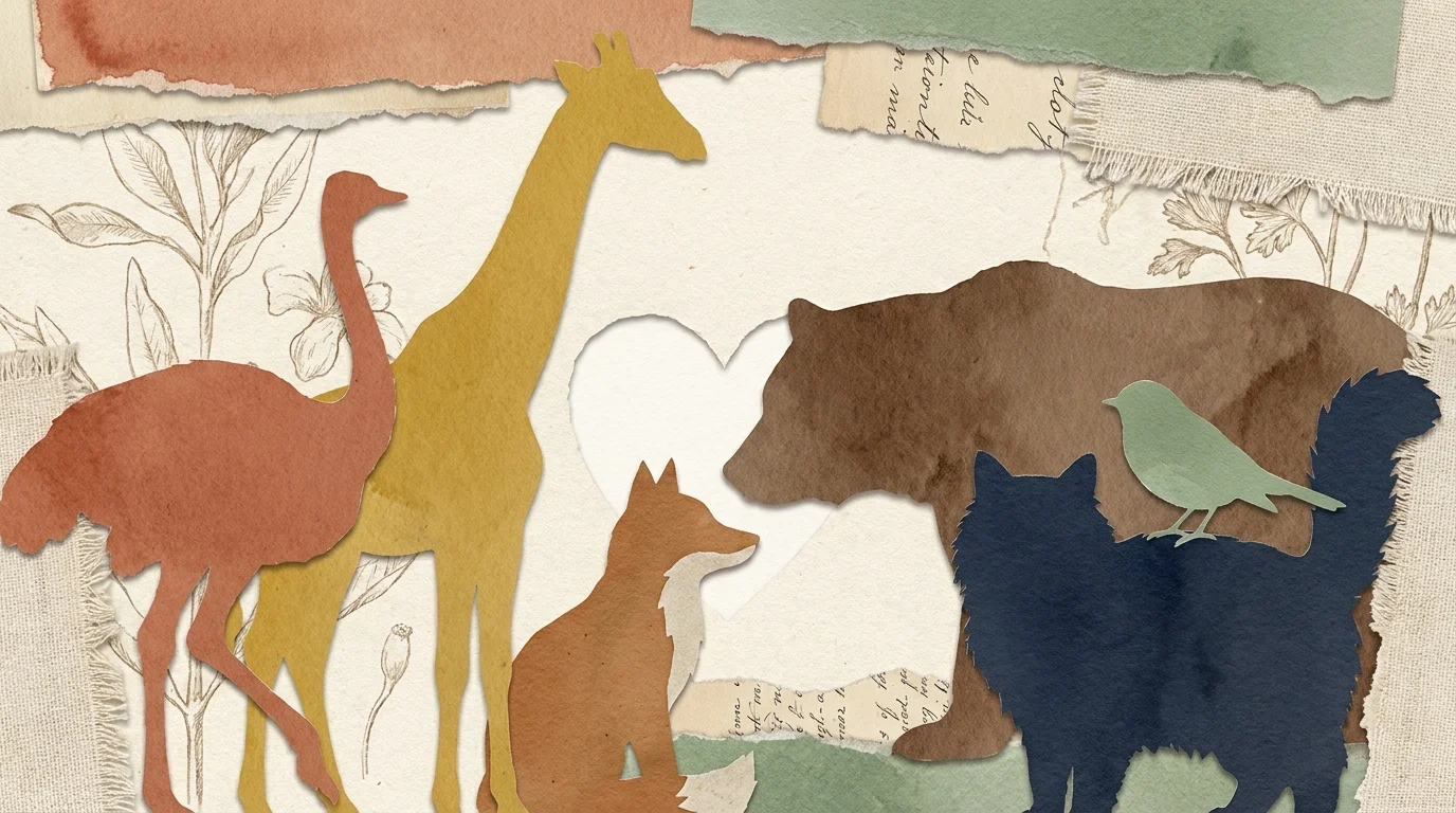 A stylized mixed media collage of different animal silhouettes overlapping on textured paper, symbolizing cross-species love.