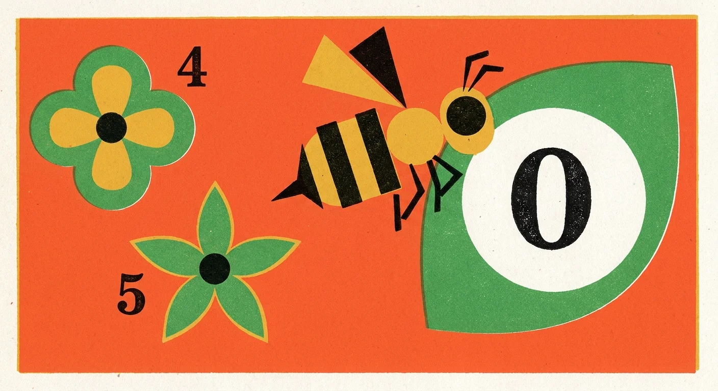 A stylized screenprint illustration of a honeybee hovering over a circle containing the number zero.