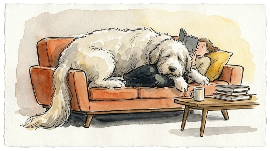 A stylized watercolor illustration of a giant fluffy dog draped over a person on a couch like a living throw blanket.