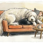 A stylized watercolor illustration of a giant fluffy dog draped over a person on a couch like a living throw blanket.