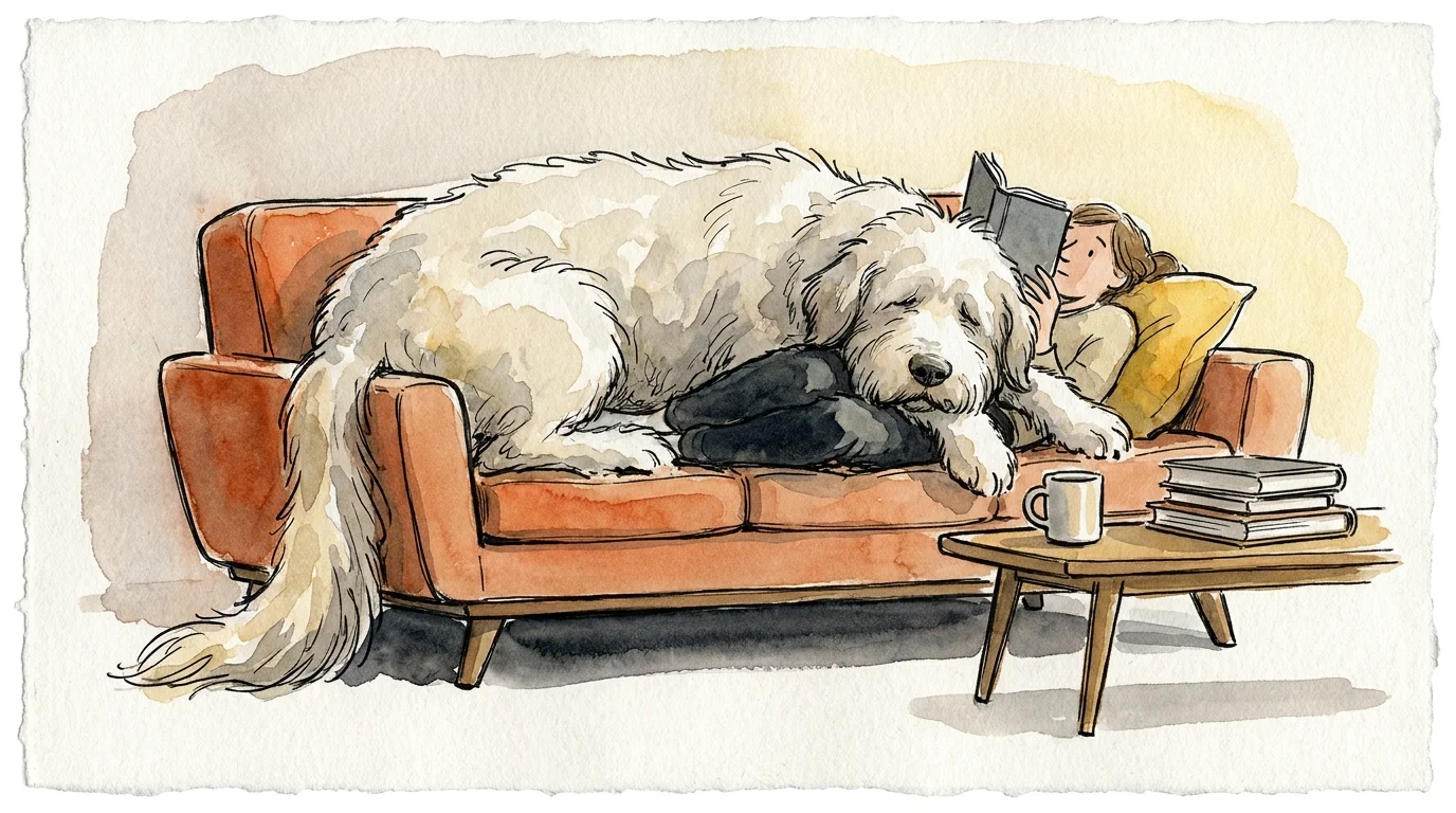 A stylized watercolor illustration of a giant fluffy dog draped over a person on a couch like a living throw blanket.