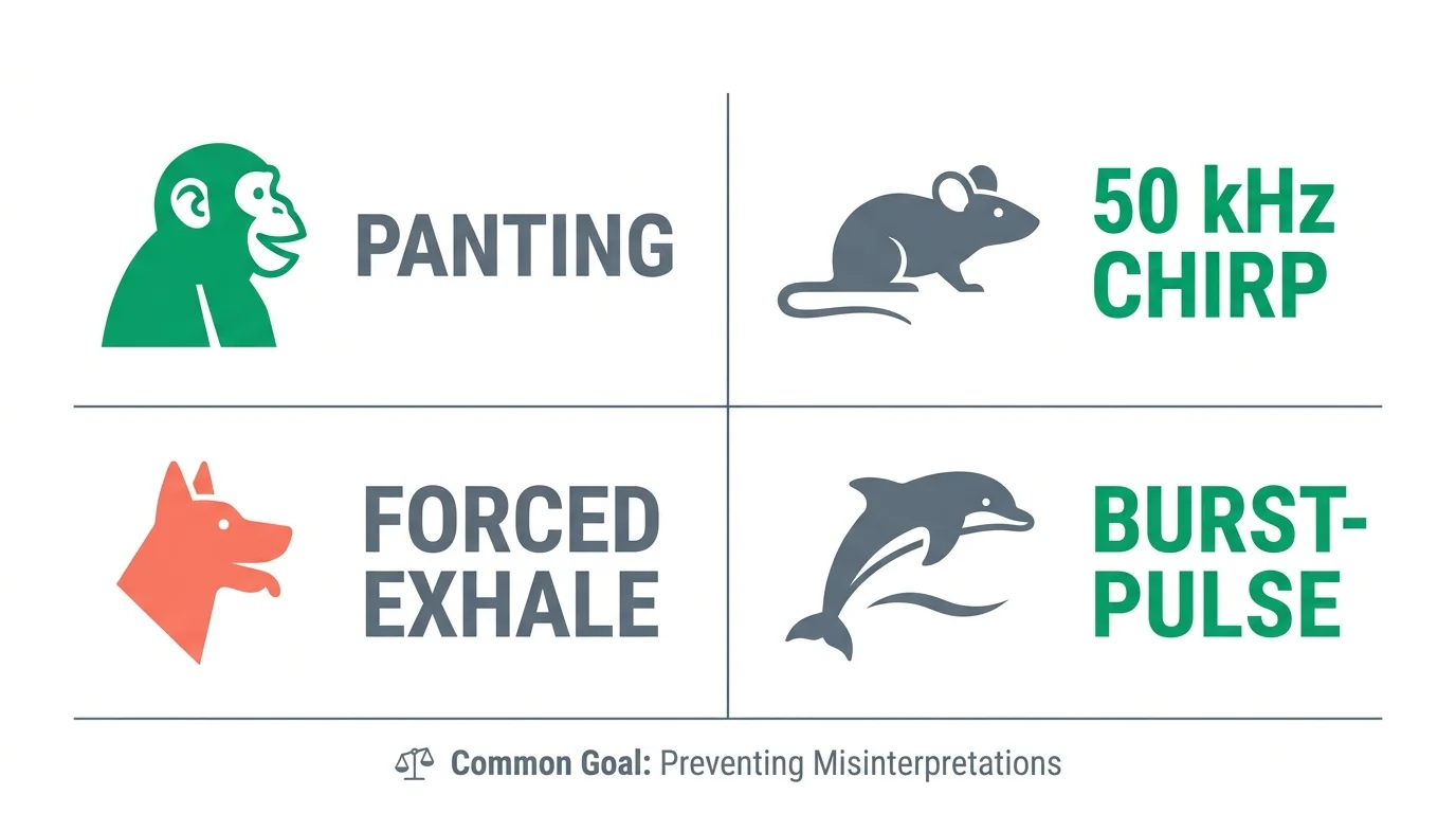 A summary chart showing the different sounds animals make to laugh: panting, chirping, exhaling, and pulsing.