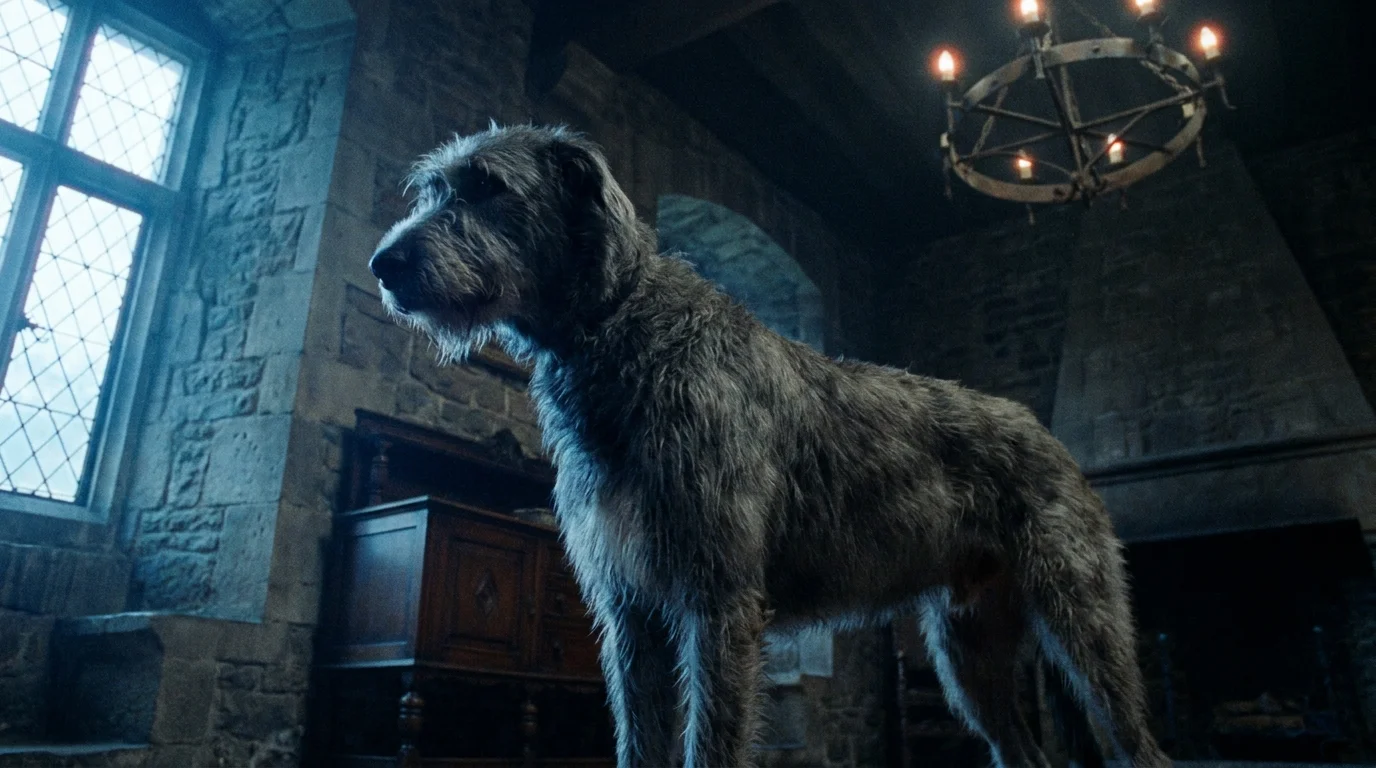 A tall, wiry-haired Irish Wolfhound standing in a rustic stone room with high ceilings.