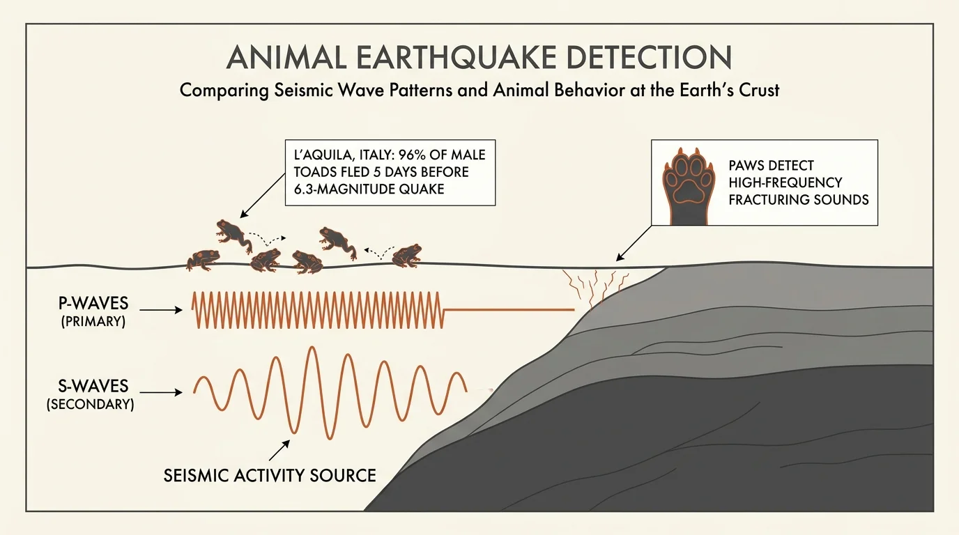 A technical diagram showing P-waves and S-waves in the Earth's crust with labels about how toads and dogs detect seismic energy.