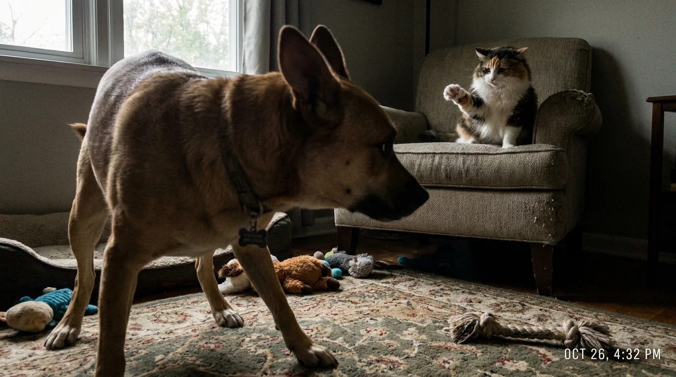 A tense moment between a dog and cat, showing body language signs like flattened ears and staring.