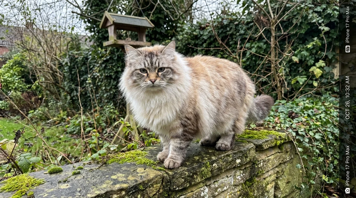 A thick-furred Siberian cat walking along a mossy stone wall in a garden under soft daylight.
