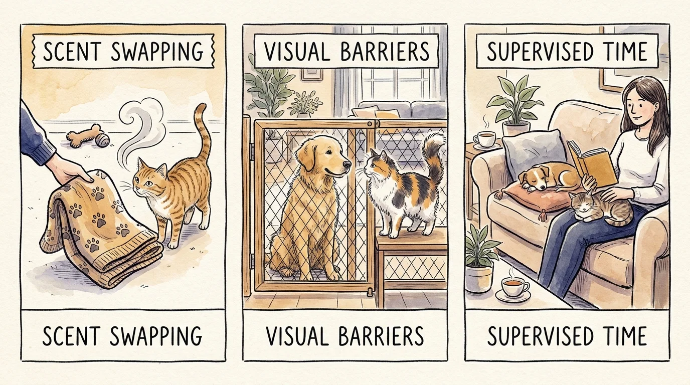 A three-panel illustration showing the steps to introduce a cat and dog: scent swapping, gates, and supervision.