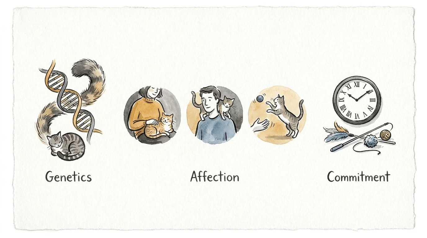 A three-part watercolor illustration showing a DNA strand, different cat behaviors, and a clock to summarize cat social needs.