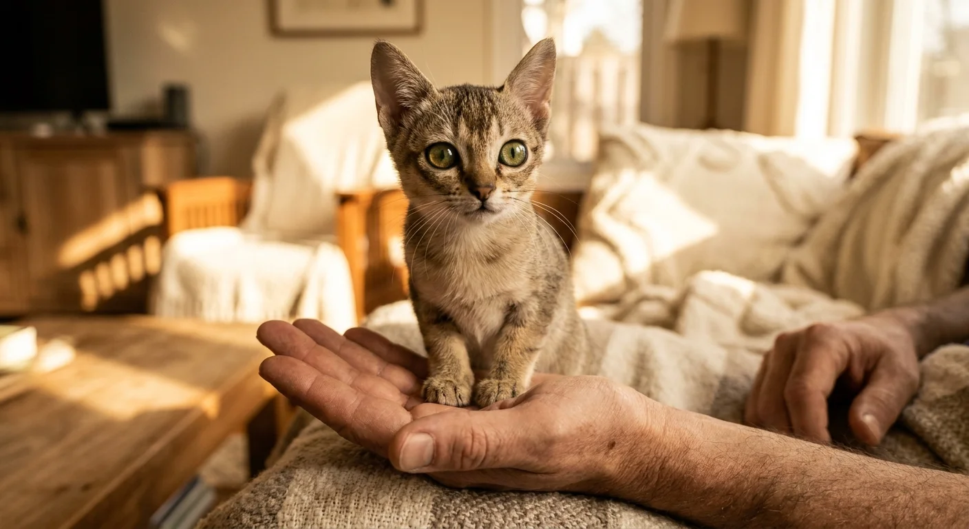 A tiny Singapura cat with large green eyes sitting in a person's hand, showcasing its small size and social bond.