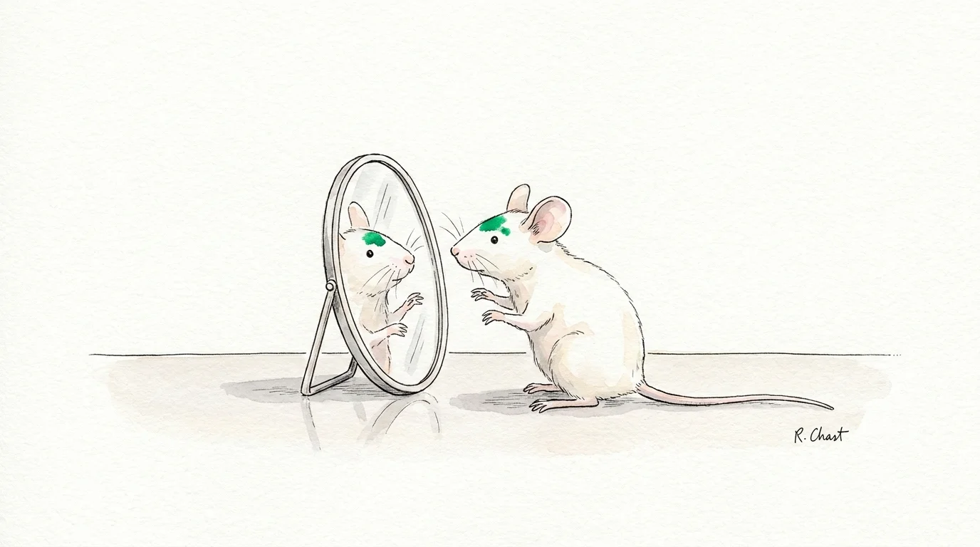 A tiny white mouse looking in a mirror with a green dot on its forehead.