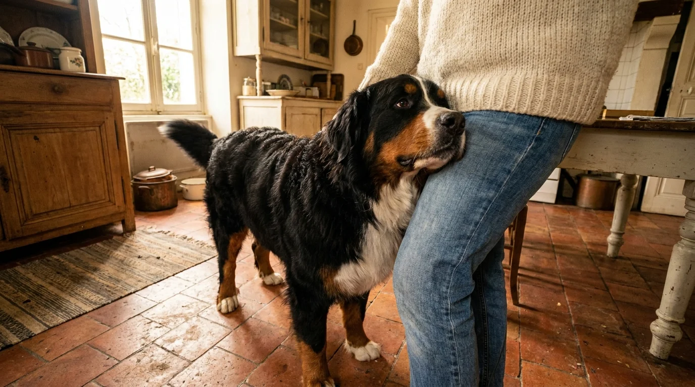 A tri-colored Bernese Mountain Dog leaning affectionately against its owner's leg in a sunny kitchen.