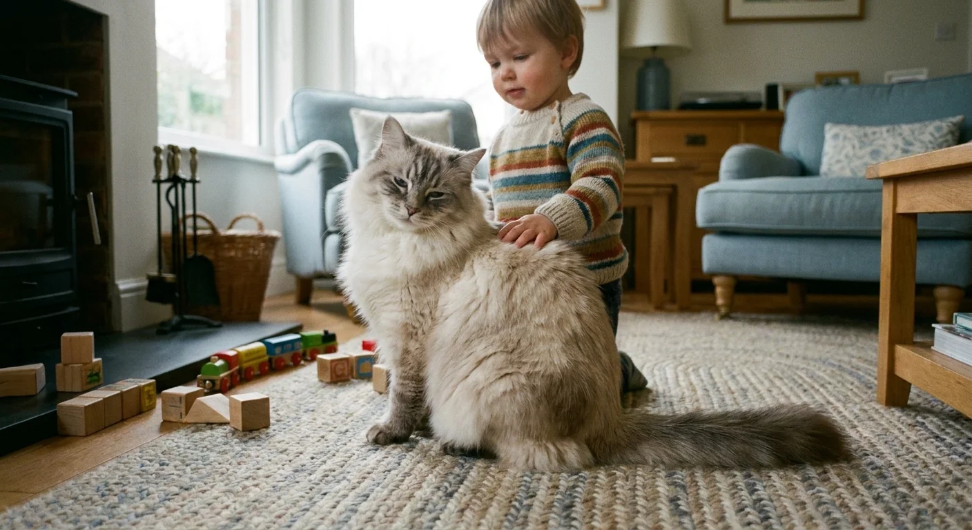 A very fluffy Siberian cat sitting calmly next to a child who is petting it in a cozy room.