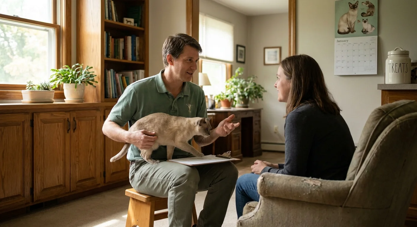 A veterinarian interacting with a cat and its owner in a warm, comfortable office setting.