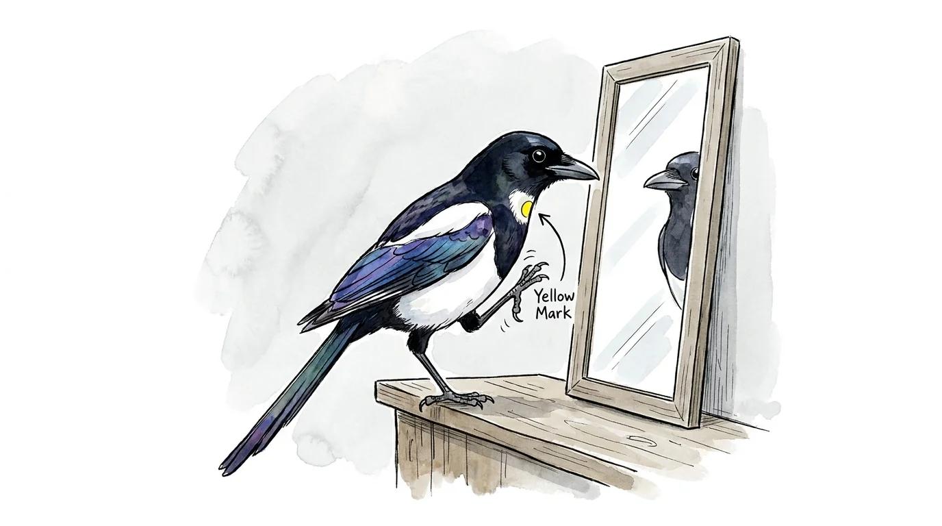 A watercolor drawing of a magpie bird scratching at a yellow sticker on its throat.