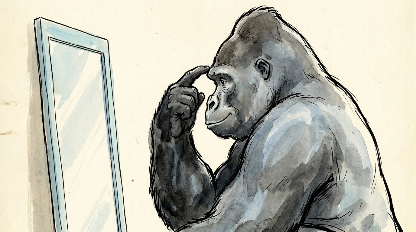 A watercolor illustration of a large silverback gorilla calmly looking at itself in a mirror.