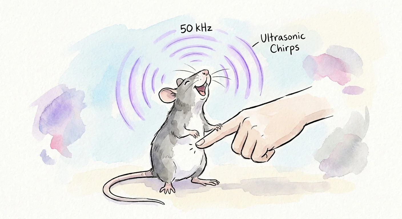 A watercolor illustration of a rat reacting to a tickle, with visual ripples representing its 50 kHz ultrasonic laughter.