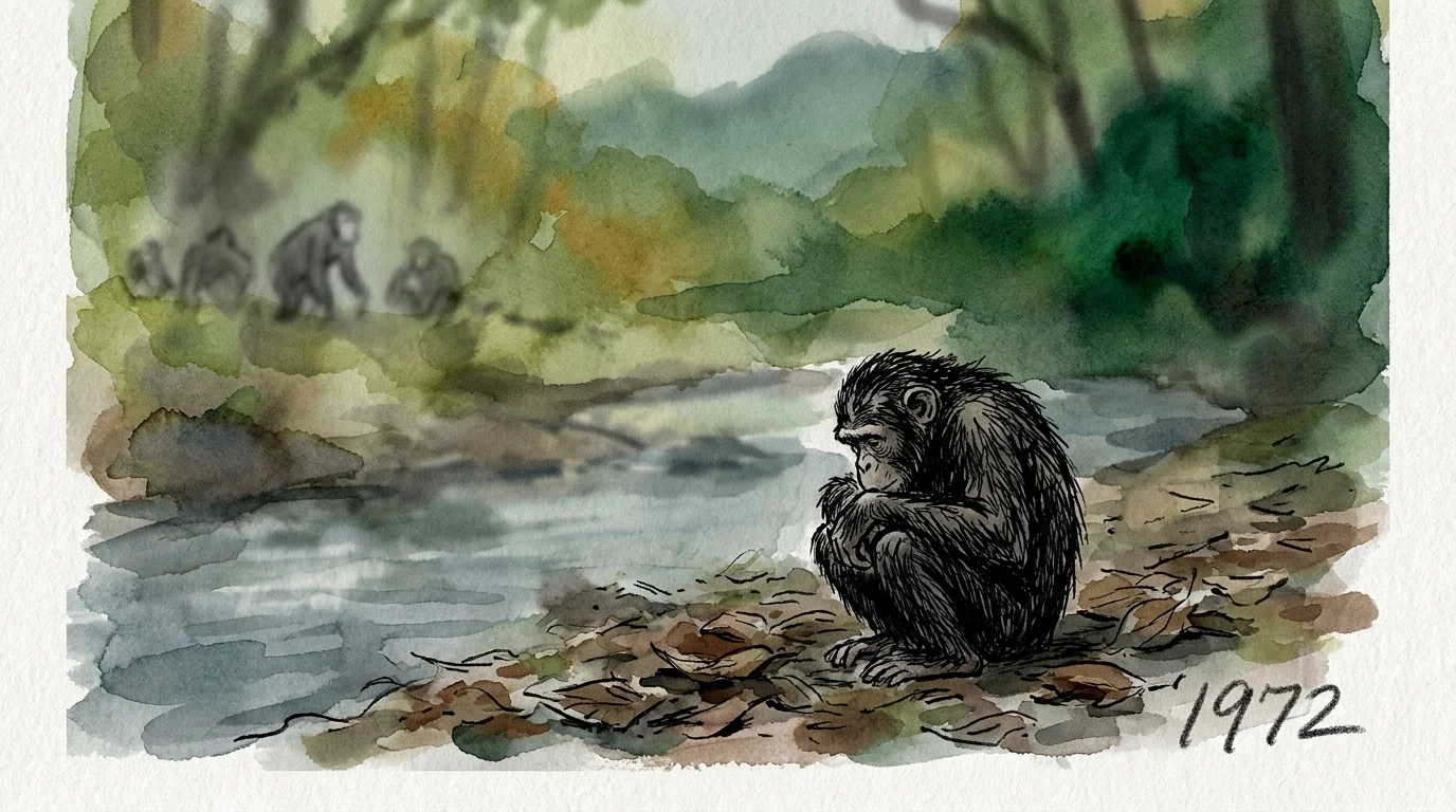 A watercolor illustration of a young chimpanzee curled up alone on the forest floor, expressing deep sorrow.