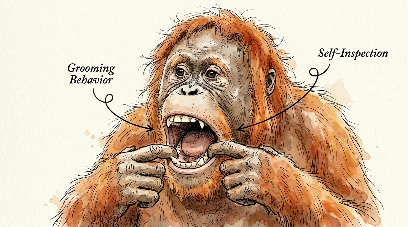 A watercolor illustration of an orangutan pulling its lip down to check its teeth.