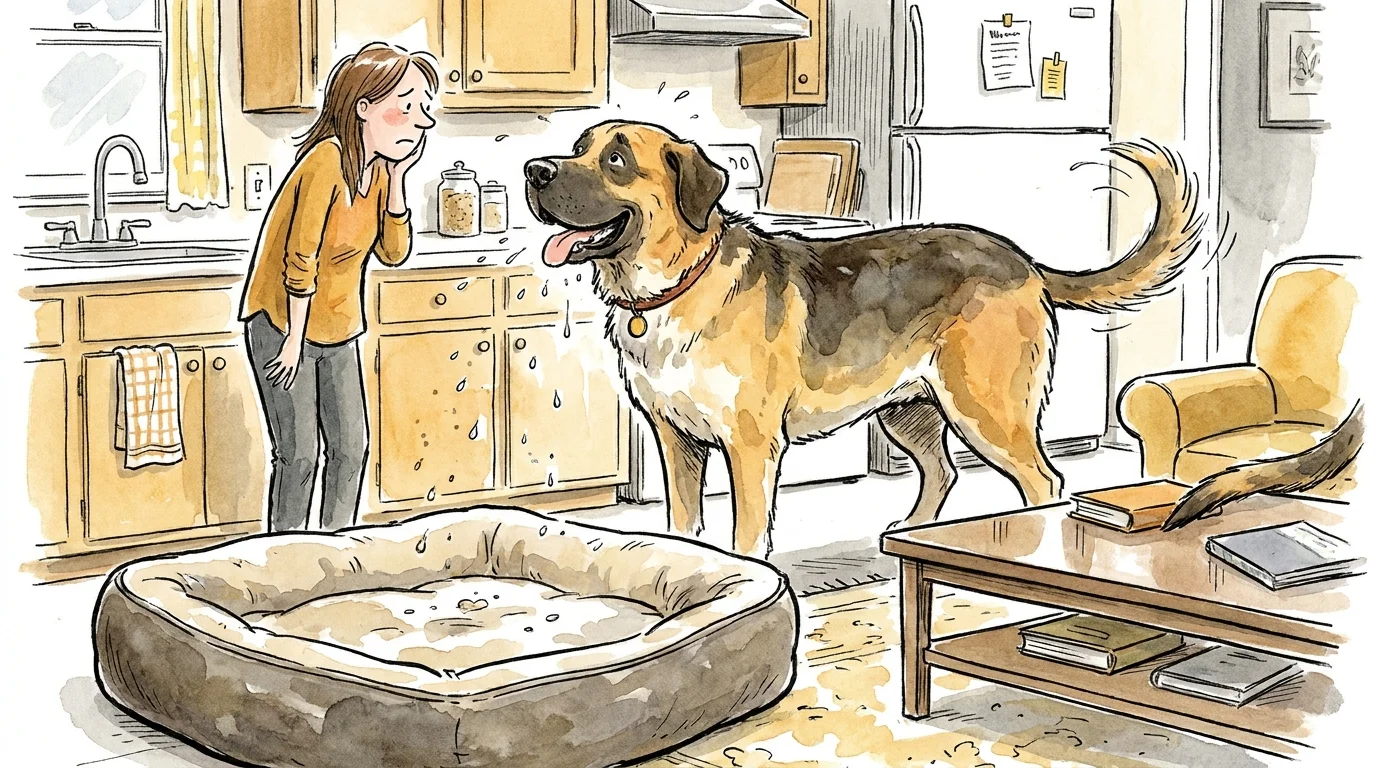 A watercolor illustration of the humorous mess a giant dog can make in a house, including drool and knocked-over items.
