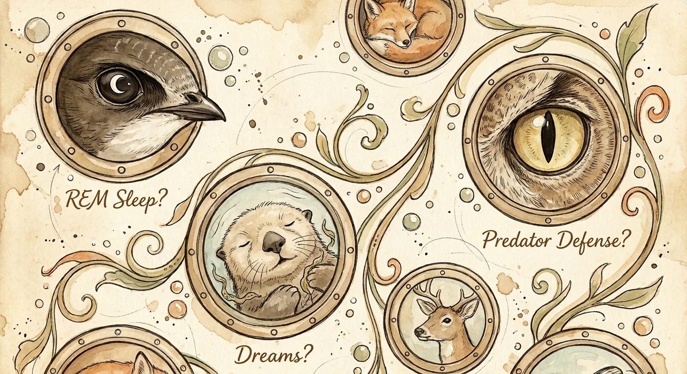 A watercolor montage of different animal eyes and faces with handwritten questions about animal dreams and sleep.