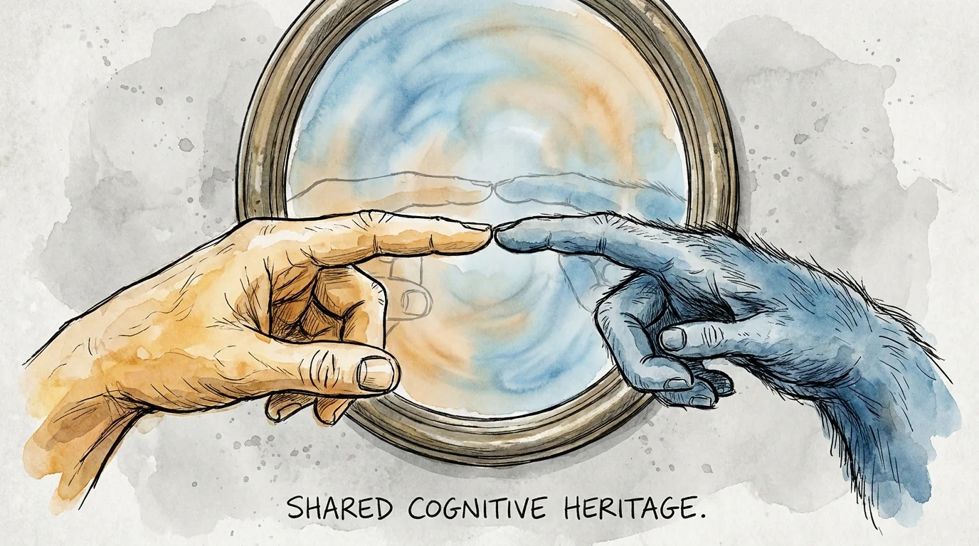 A watercolor of a human hand and a chimp hand touching on either side of a mirror.