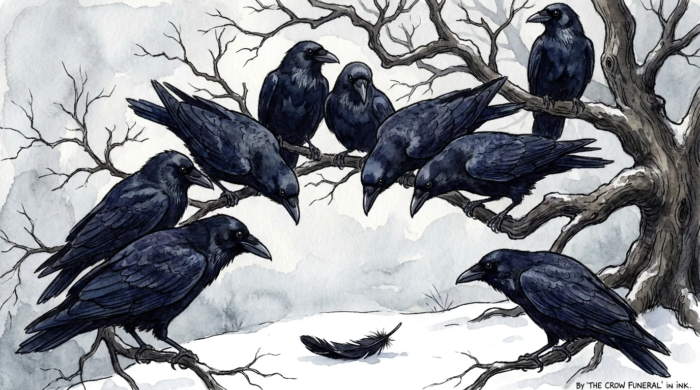 A watercolor of several black crows perched in a bare tree, looking down at a single feather on the snow.