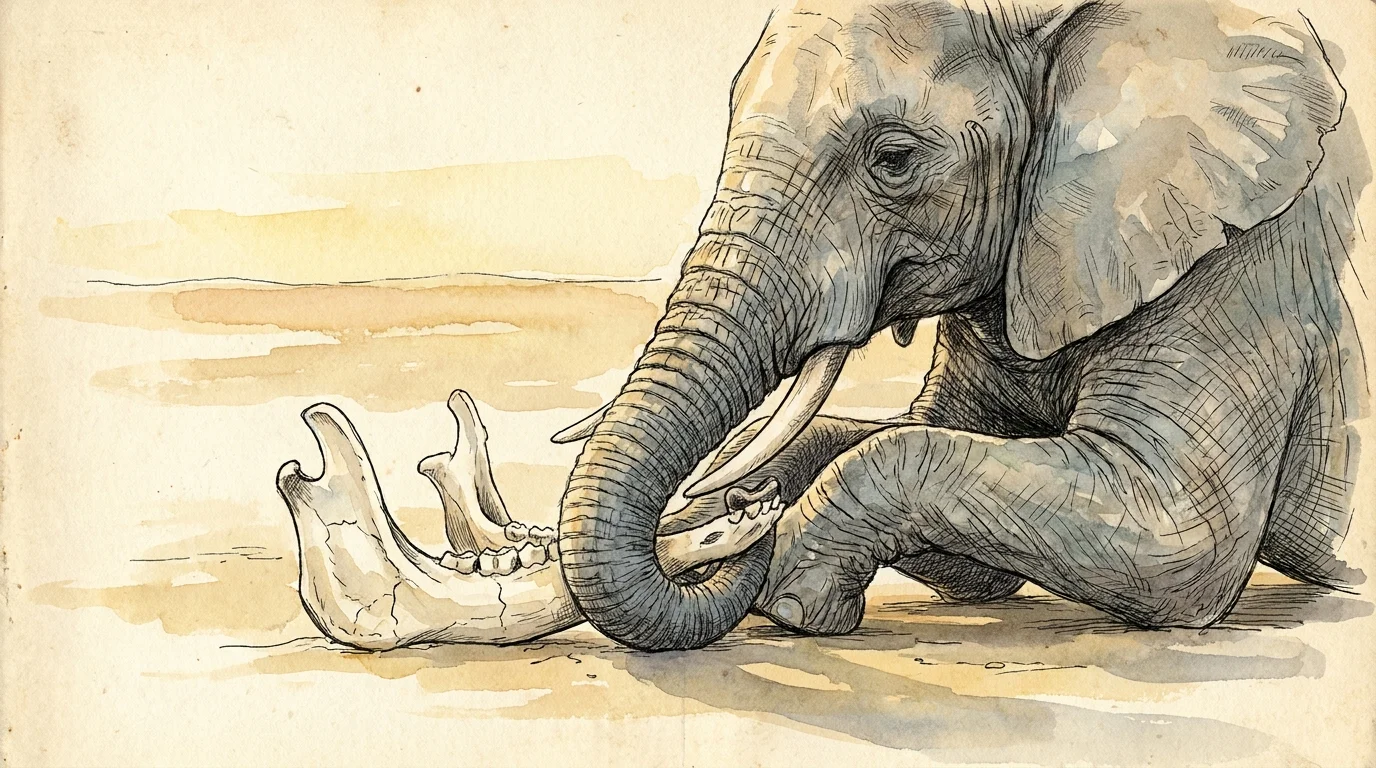 A watercolor sketch of an elephant using its trunk to gently touch the sun-bleached jawbone of a deceased relative.