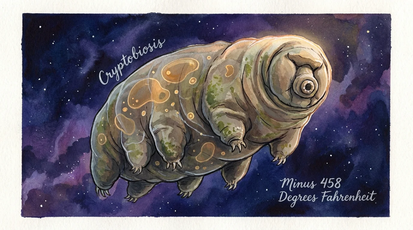 A whimsical gouache illustration of a tiny tardigrade floating in space, showing its protective tun state and internal structures.