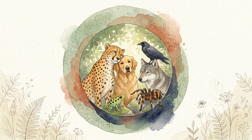 A whimsical watercolor illustration of various animal pairs like a cheetah and a dog or a wolf and a raven, interacting peacefully.